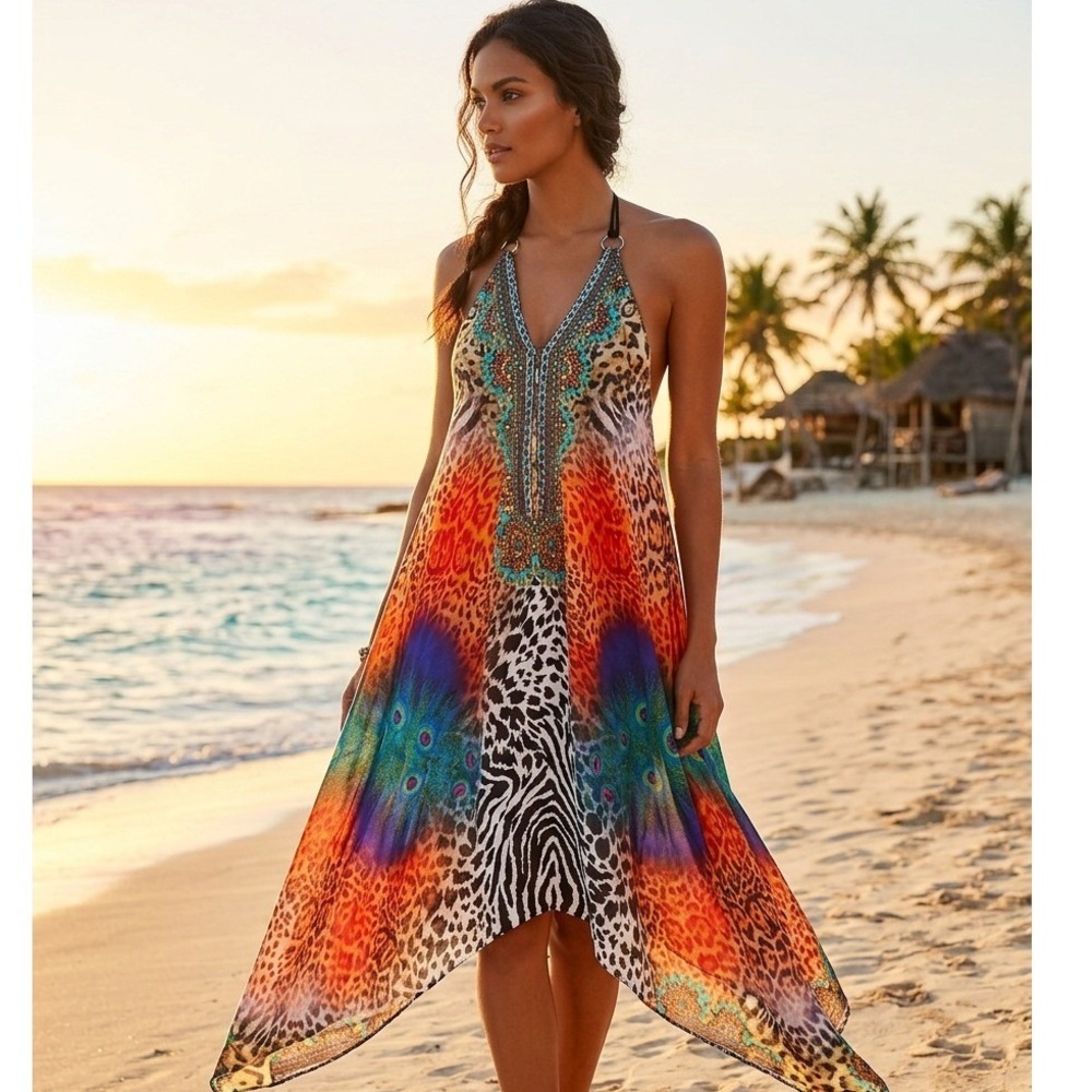 Celina Animal Print Halter Maxi Dress Rhinestone Peacock Boho Free‎ Size